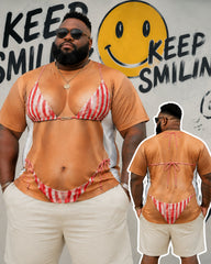 Big & Tall Men's Red And White Striped Bikini Fun Printed Round Neck Short Sleeve T-shirt