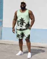 Big & Tall Men's Light Green Gradient Black Coconut Tree Print Vest Shorts Set