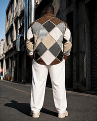 Big & Tall Men's Retro Rhombus Patchwork Printed Long Sleeve Shirt Trousers Suit
