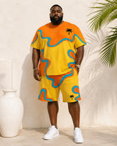 Big & Tall Men's Color Contrast Wave Coconut Tree Print Round Neck Short Sleeve T-Shirt Shorts Set