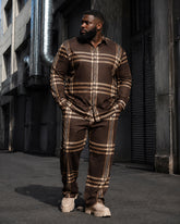 Big & Tall Men's Retro Brown Coffee Plaid Printed Long Sleeve Shirt Pants Set