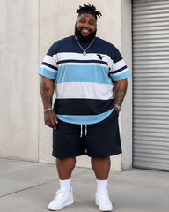 Big & Tall Men's Color Contrast Striped Flying Eagle Printed Crewneck Short Sleeve T-Shirt Shorts Set