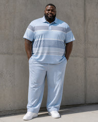 Big & Tall Men's Light Blue Gradient Horizontal Stripe Printed Polo Short Sleeve Trousers Set