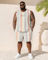 Big & Tall Men's Pink Gray Vertical Stripe Letter Print Vest Shorts Set