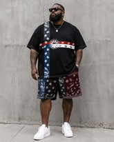 Big & Tall Men's Black Contrast Paisley Stitching Printed Crew Neck Short Sleeve T-shirt Shorts Set