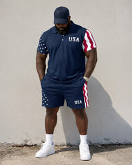Big & Tall Men’s Striped USA Letter-Print Polo Shirt And Shorts Set