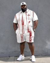 Big & Tall Men's Splash Ink Vertical Stripe FAITH Cross Print POLO Short Sleeve Shorts Set