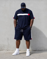 Big & Tall Men's Navy Blue White Red Contrast Striped Printed Crew Neck Short Sleeve T-shirt Shorts Set
