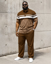 Big & Tall Men's Brown And White Horizontal Pattern Printed Polo Short Sleeve Pants Set