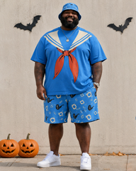 Big & Tall Men’s Retro Sailor-Neck Fake-Pattern Crew-Neck Short-Sleeve T-Shirt And Shorts Set