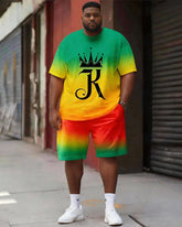 Big & Tall Men's Reggae Color Crown K Gradient Printed Crewneck Short Sleeve T-Shirt Shorts Set
