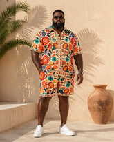Big & Tall Men's Vintage National Style Color Sunflower Printed Short Sleeve Shirt Shorts Set