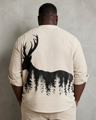 Big & Tall Men's Elk Forest Silhouette Print Long Sleeve Shirt With Vertical Collar