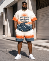 Big & Tall Men's Highway 66 Sunset Highway Gradient Printed Crewneck Short Sleeve T-Shirt Shorts Set