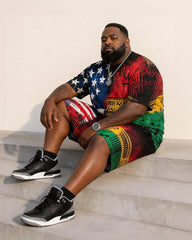 Big & Tall Men's Reggae Color African Totem American Flag Print Round Neck Short Sleeve T-Shirt Shorts Set