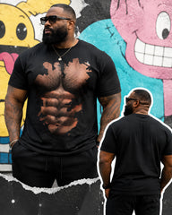 Big & Tall Men's Black Torn Chest Hair Eight Pack Abs Fun Printed Crew Neck Short Sleeve T-shirt