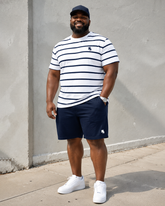 Big & Tall Men's Navy Blue Horizontal Striped Pony Printed Crew Neck Short Sleeve T-shirt Shorts Set