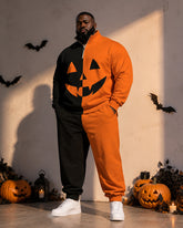 Big & Tall Men's Colored Pumpkin Smiley Print Half-Zip Sweat Set