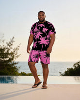 Big & Tall Men's Black Pink Contrast Coconut Print Round Neck Short Sleeve T-Shirt Shorts Set