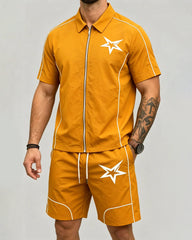 S-6XL Star Print Zip Shirt Set Beach Two-Piece Set