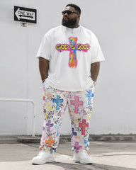 Big & Tall Men's Graffiti GOD IS GOOD Cross Print T-Shirt Trousers Set