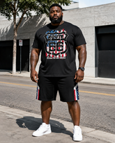 Big & Tall Men's Distressed Flag Route 66 Shield Printed Crew Neck Short Sleeve T-shirt Shorts Set