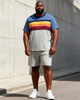 Big & Tall Men's Blue Grey Gradient Rainbow Stripe Printed Round Neck Short Sleeve T-Shirt Shorts Set