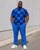 Big & Tall Men's Sapphire Blue Checkerboard Printed Polo Short Sleeve Trousers Set