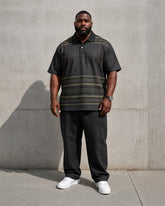 Big & Tall Men's Dark Plaid Print Polo Short Sleeve Pants Set