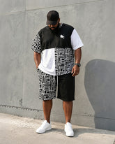 Big & Tall Men's Black And White Geometric Stitching Polo Printed Round Neck Short Sleeve T-shirt Shorts Set