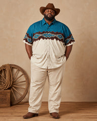 Big & Tall Men's Blue And White Contrast Navajo Geometric Print Short Sleeve Shirt Pants Set