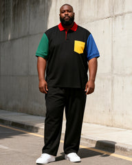 Big & Tall Men's Contrast Pocket Patchwork Printed Polo Short Sleeve Pants Set