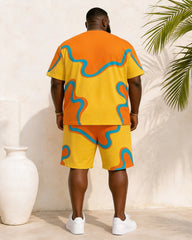 Big & Tall Men's Color Contrast Wave Coconut Tree Print Round Neck Short Sleeve T-Shirt Shorts Set