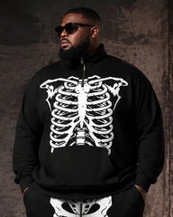 Big & Tall Men's Black And White Skull Skeleton Printed Half-Zip Sweat Set