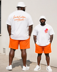 Big & Tall Men's Gradient Rose Handwritten English Printed Round Neck Short Sleeve T-shirt Shorts Set