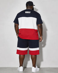 Big & Tall Men's Color Contrast WORID Alphabet Print Round Neck Short Sleeve T-Shirt Shorts Set
