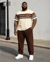 Big & Tall Men's Off-white Contrast Striped Printed T-shirt Trousers Set