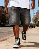 M-6XL Plus Size Men's Black Grey Cracked Washed Used Drawstring Denim Shorts