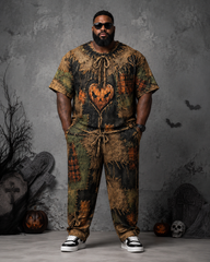 Big & Tall Men's Patch Patchwork Scarecrow Pumpkin Love Printed T-Shirt Pants Set
