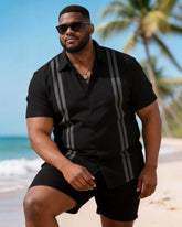 Big & Tall Men's Black Exquisite Striped Print Short Sleeve Shirt Shorts Set