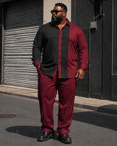 Big & Tall Men's Black And Red Vertical Strip Contrast Printed Long Sleeve Shirt Pants Set