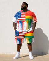 Big & Tall Men's Reggae Color Drip American Flag Printed Round Neck Short Sleeve T-Shirt Shorts Set