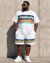 Big & Tall Men's Wave Rainbow Stripe Print Round Neck Short Sleeve T-Shirt Shorts Set
