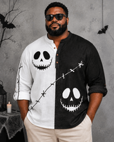 Big & Tall Men's Black And White Contrast Skull Print Collar Long Sleeve Shirt