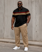 Big & Tall Men's Black And Red Stripe Patchwork Printed Polo Short Sleeve Pants Set