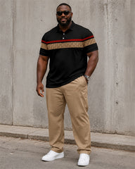 Big & Tall Men's Black And Red Stripe Patchwork Printed Polo Short Sleeve Pants Set