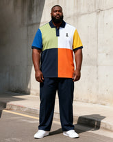 Big & Tall Men's Four-color Stitching A- Print Polo Short Sleeve Pants Set
