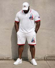 Big & Tall Men's Flag Rocket Print POLO Short Sleeve Shorts Set