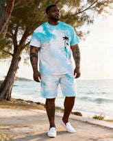 Big & Tall Men's Blue And White Spotted Coconut Tree Printed Round Neck Short Sleeve T-Shirt Shorts Set