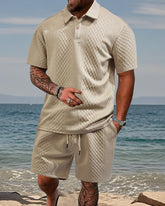 S-5XL Jacquard Men's Casual Sports Lapel Polo Shirt Short Sleeve Suit